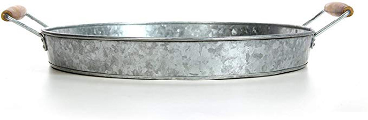 Bandeja de sirviente de fiesta galvanizada redonda con asas de madera