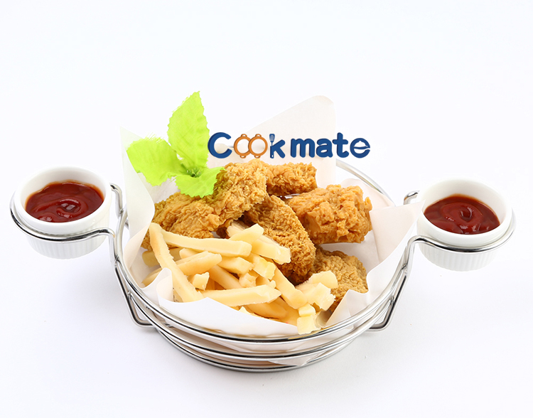 COOKMATE FUERTE CALIDAD DURABLE FRIES DE ACERO INOXIDABLE DE ACERO DE SERVICIO, CESTA DE PAN REDONDA DE ALAMBRE CON 2 CUPAS DE SALSA DE CERÁMICA